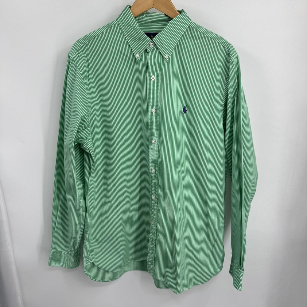 Ralph Lauren Shirt Mens 16.5 Green White Stripe Button‎ Down Long Sleeve Cotton